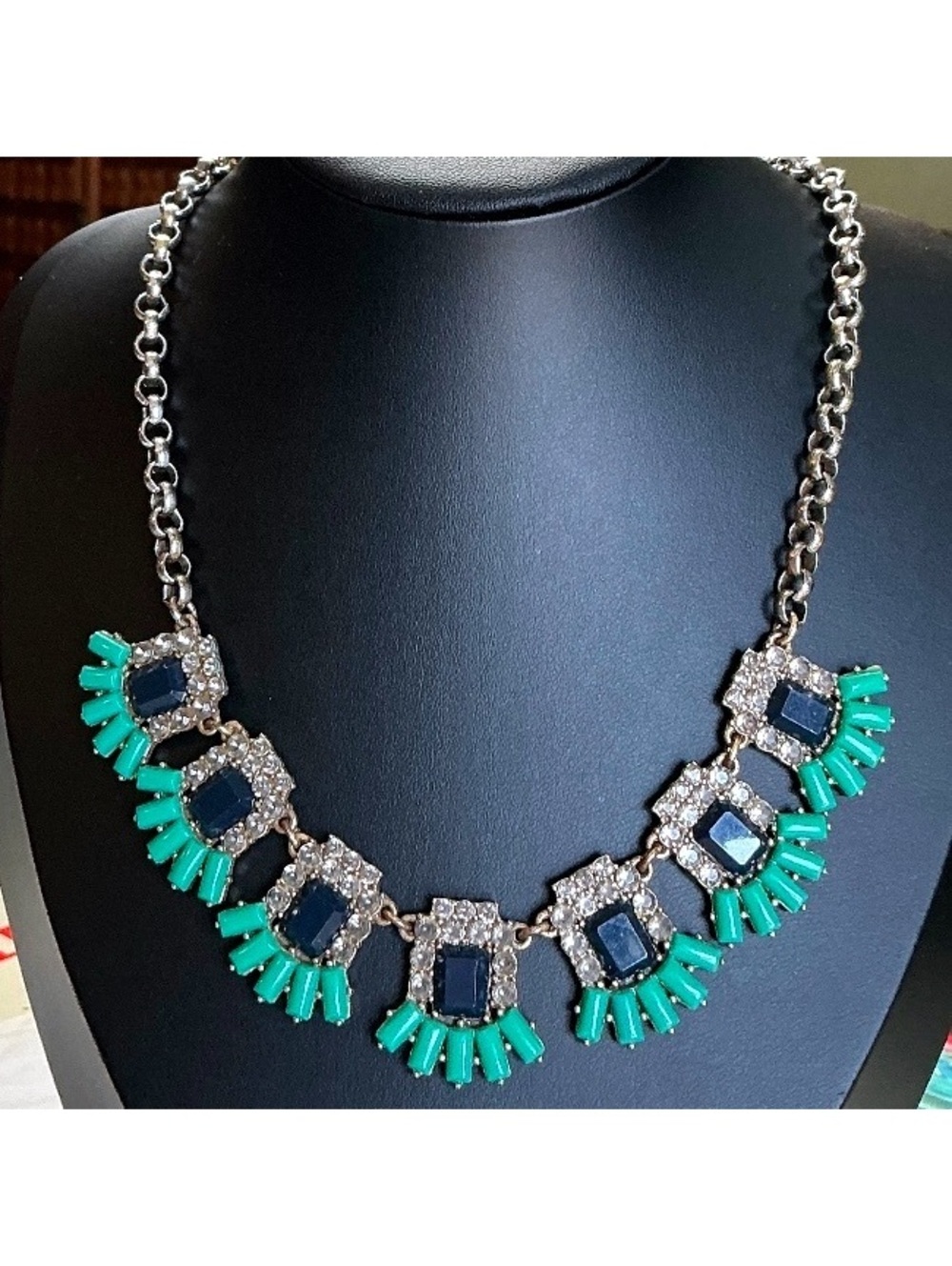 Vintage J. Crew Geometric Blue & Turquoise Fringe Rhinestone Statement Necklace